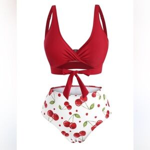 DRESSFO Red and White Cherry Print Bikini Set Size XL Vacation High Rise/Waisted